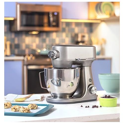  GE Tilt-Head Electric Stand Mixer | 7-Speed, 350-Watt Motor | Includes 5.3-Quart Bowl, Flat Beater, Dough Hook, Wire Whisk & Pouring Shield | Countertop Kitchen Essentials | Granite Gray