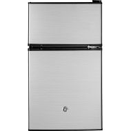 GE Mini Fridge With Freezer | 3.1 Cubic Ft. | Double-Door Design With Glass Shelves, Crisper Drawer & Spacious Freezer | Small Refrigerator Perfect for the Garage, Dorm Room, or Bedroom | Clean Steel