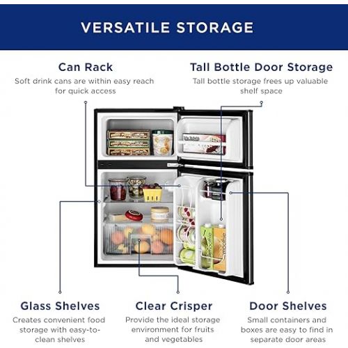  GE Mini Fridge With Freezer | 3.1 Cubic Ft. | Double-Door Design With Glass Shelves, Crisper Drawer & Spacious Freezer | Small Refrigerator Perfect for the Garage, Dorm Room, or Bedroom | Clean Steel