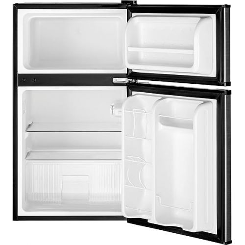  GE Mini Fridge With Freezer | 3.1 Cubic Ft. | Double-Door Design With Glass Shelves, Crisper Drawer & Spacious Freezer | Small Refrigerator Perfect for the Garage, Dorm Room, or Bedroom | Clean Steel