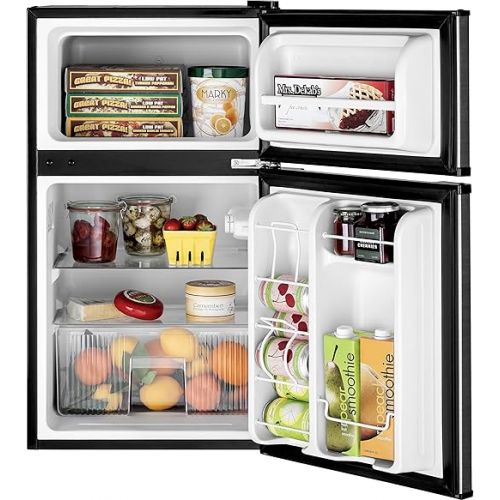  GE Mini Fridge With Freezer | 3.1 Cubic Ft. | Double-Door Design With Glass Shelves, Crisper Drawer & Spacious Freezer | Small Refrigerator Perfect for the Garage, Dorm Room, or Bedroom | Clean Steel