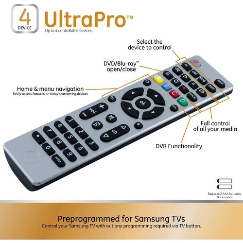  [아마존베스트]GE Universal Remote Control for Samsung, Vizio, LG, Sony, Sharp, Roku, Apple TV, RCA, Panasonic, Smart TVs, Streaming Players, Blu-ray, DVD, Simple Setup, 4-Device, Silver, 33709