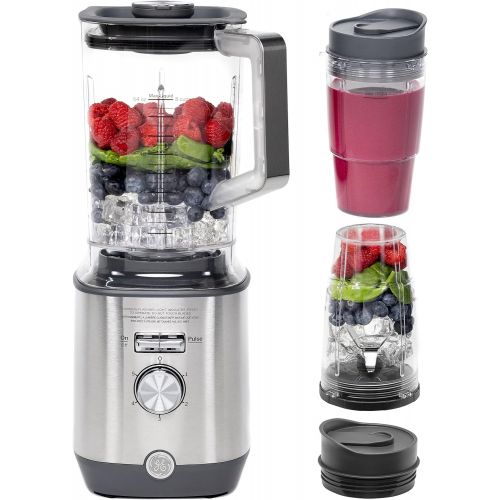  GE 5-Speed Blender + (2) 16 Ounce Blender Cups Kitchen Essentials Blender for Shakes, Smoothies & More Large 64 oz Tritan Jar, 8-10 Servings Stainless Steel Blades & Exterior Finis