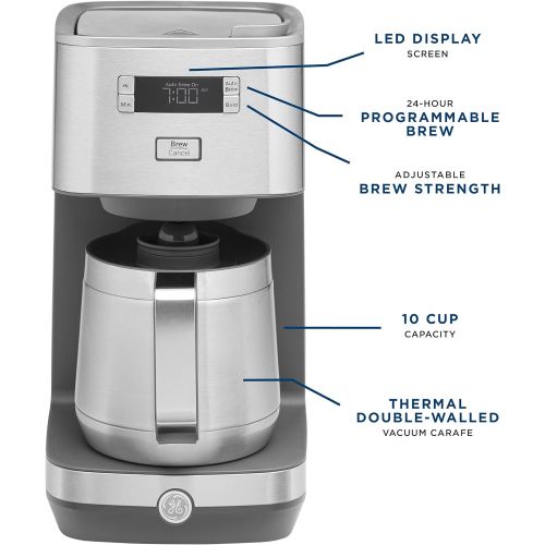  GE Drip Coffee Maker With Timer 10-Cup Thermal Carafe Coffee Pot Keeps Coffee Warm for 2 Hours Adjustable Brew Strength Wide Shower Head for Maximum Flavor Kitchen Essentials Stain