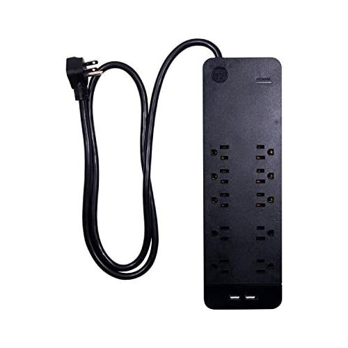  GE, Black, Strip Surge Protector Charger, 10 Outlets, 2 USB Ports, Fast Charge, Flat Plug, Long Power Cord, 4 Feet, Wall Mount, Warranty, 37746, 4 ft