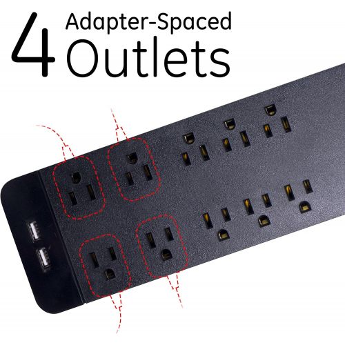  GE, Black, Strip Surge Protector Charger, 10 Outlets, 2 USB Ports, Fast Charge, Flat Plug, Long Power Cord, 4 Feet, Wall Mount, Warranty, 37746, 4 ft