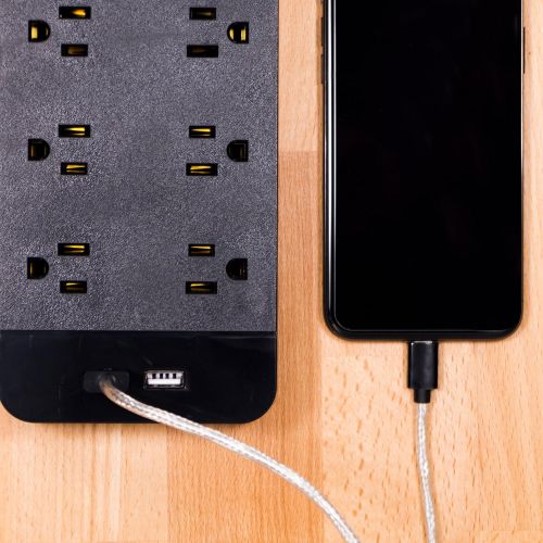  GE, Black, Strip Surge Protector Charger, 10 Outlets, 2 USB Ports, Fast Charge, Flat Plug, Long Power Cord, 4 Feet, Wall Mount, Warranty, 37746, 4 ft