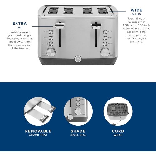  [아마존베스트]GE 4-Slice Toaster, Easy-to Use 1500 Watt Toaster with Pre-Set Controls for 7 Shade Settings, Bagels & Frozen Items, Extra-Wide Slots for Bread & Bagels, Stainless Steel, G9TMA4SSP