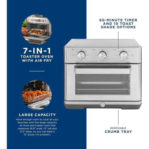  GE Mechanical Air Fryer Toaster Oven + Accessory Set Convection Toaster with 7 Cook Modes Large Capacity Oven - Fits 12 Pizza Countertop Kitchen Essentials Stainless Steel