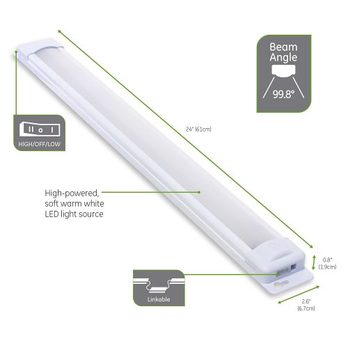  GE Premium Slim LED Light Bar, 24 Inch Under Cabinet Fixture, Plug-In, Convertible to Direct Wire, Linkable, 803 Lumens, 3000K Soft Warm White, High/Off /Low, Easy to Install, 3884