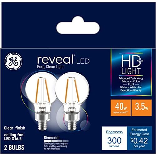  GE Lighting GE Reveal LED HD+ Ceiling Fan Light Bulbs, 3.5 Watt (40 Watt Equivalent) Clear Finish, Globe Style, Candelabra Base, Dimmable (2 Pack)