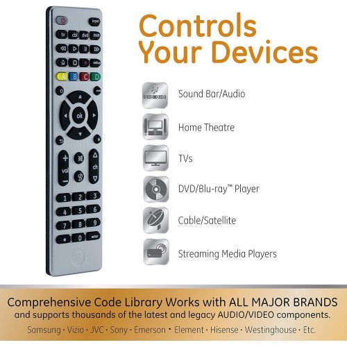 [아마존베스트]GE Universal Remote Control for Samsung, Vizio, LG, Sony, Sharp, Roku, Apple TV, RCA, Panasonic, Smart TVs, Streaming Players, Blu-ray, DVD, 4-Device, Silver, 33709
