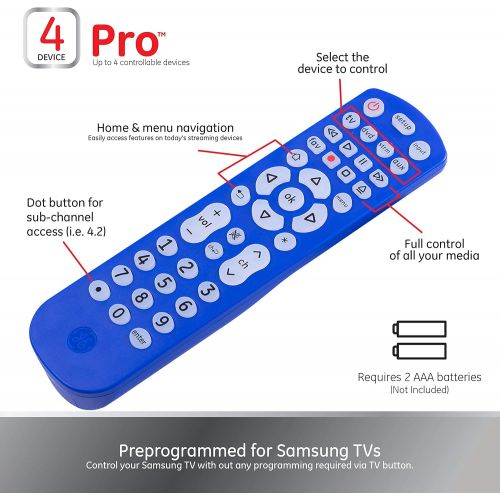  [아마존베스트]GE Backlit Universal Remote Control for Samsung, Vizio, LG, Sony, Sharp, Roku, Apple TV, RCA, Panasonic, Smart TV, Streaming Players, Blu-Ray, DVD, 4-Device, Blue, 45764