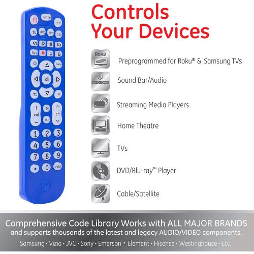  [아마존베스트]GE Backlit Universal Remote Control for Samsung, Vizio, LG, Sony, Sharp, Roku, Apple TV, RCA, Panasonic, Smart TV, Streaming Players, Blu-Ray, DVD, 4-Device, Blue, 45764