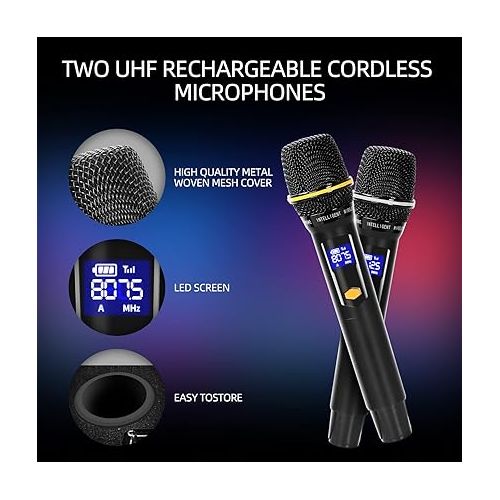  Karaoke Machine with Lyrics Display Screen for Adults, Built-in 15 Inches Tablet & Wifi, Portable Bluetooth Speaker w/ 2 Rechargeable UHF Mics, DJ Lights, Karaoke Speaker for Any Occasion