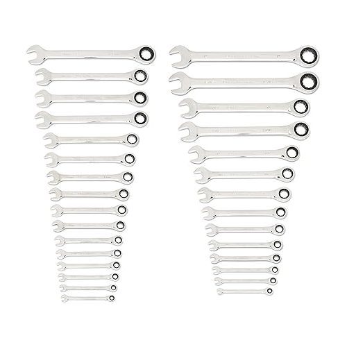  GEARWRENCH 30 Piece 12 Point Ratcheting Combination SAE/Metric (1/4-1 in., 8-24 mm) Wrench Set with Wrench Racks - 86702