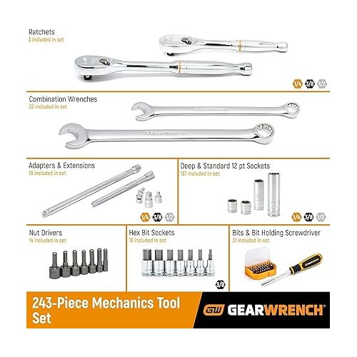  GEARWRENCH 243 Pc. 12 Pt. Mechanics Tool Set in 3 Drawer Storage Box - 80972