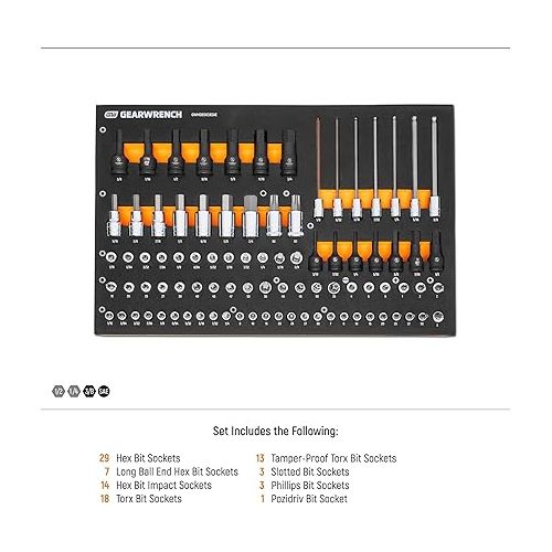  GEARWRENCH 88 Piece 1/4”, 3/8”, 1/2” Drive SAE Bit Socket Set in Foam Storage Tray - GWMSBSKCBSAE