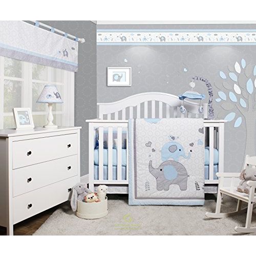  GEENNY OptimaBaby Blue Grey Elephant 6 Piece Baby Nursery Crib Bedding Set