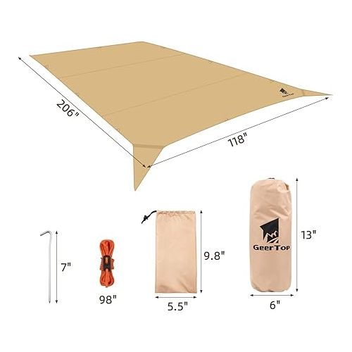  GEERTOP Large Camping Tent Tarp 17 x 10 ft Outdoor Waterproof Hammock Rain Fly Backpacking Tent Tarp Shelter for Survival Travel Khaki (Not Includes Poles)