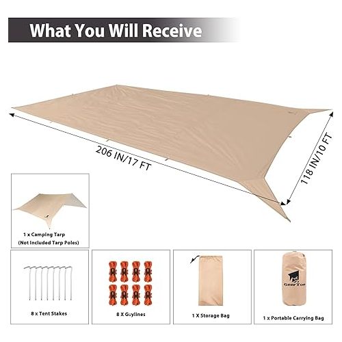  GEERTOP Large Camping Tent Tarp 17 x 10 ft Outdoor Waterproof Hammock Rain Fly Backpacking Tent Tarp Shelter for Survival Travel Khaki (Not includes Poles)