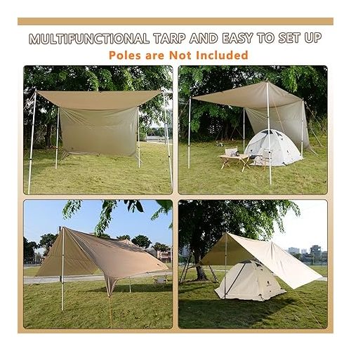  GEERTOP Large Camping Tent Tarp 17 x 10 ft Outdoor Waterproof Hammock Rain Fly Backpacking Tent Tarp Shelter for Survival Travel Khaki (Not Includes Poles)