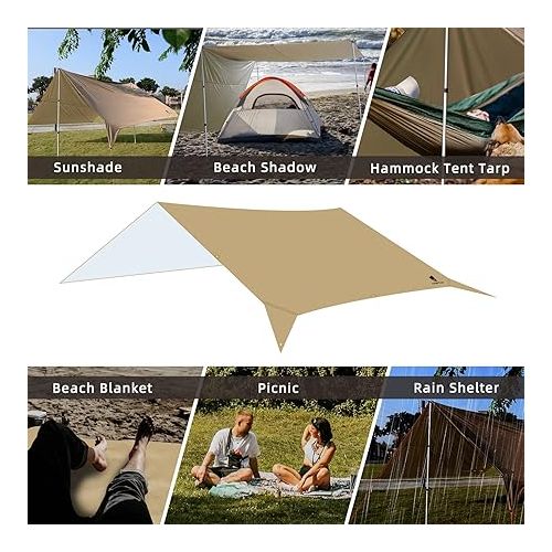  GEERTOP Large Camping Tent Tarp 17 x 10 ft Outdoor Waterproof Hammock Rain Fly Backpacking Tent Tarp Shelter for Survival Travel Khaki (Not Includes Poles)