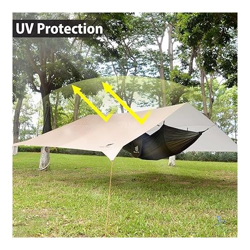  GEERTOP Large Camping Tent Tarp 17 x 10 ft Outdoor Waterproof Hammock Rain Fly Backpacking Tent Tarp Shelter for Survival Travel Khaki (Not includes Poles)