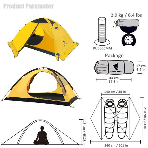  GEERTOP Zelt Kuppelzelt Campingzelt Familienzelt Trekkingzelt Aluminiumstangen Wasserdichten - 140 x 210 x 115 cm (2,59kg) - Zwei Personen 4 Jahreszeiten Ideal fuer Camping Wandern