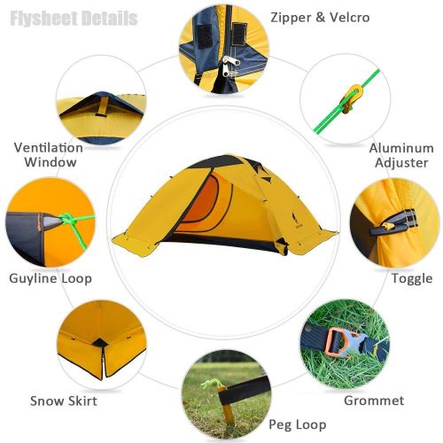  GEERTOP Zelt Kuppelzelt Campingzelt Familienzelt Trekkingzelt Aluminiumstangen Wasserdichten - 140 x 210 x 115 cm (2,59kg) - Zwei Personen 4 Jahreszeiten Ideal fuer Camping Wandern