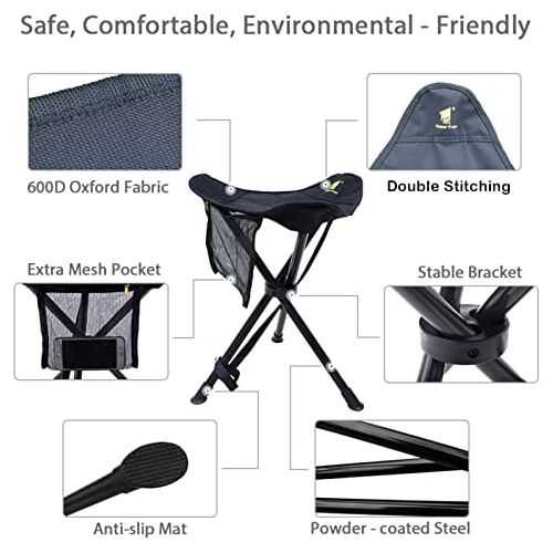  GEERTOP Folding Stool Tripod Slacker Chair Lightweight Camping Stools with Mesh Pocket for Backpacking Hiking Fishing Black