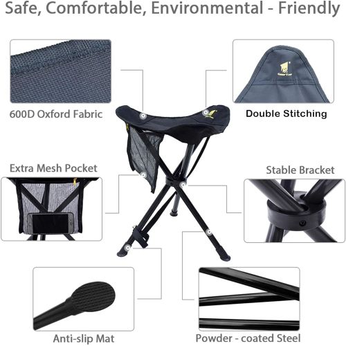  GEERTOP Folding Stool Tripod Slacker Chair Lightweight Camping Stools with Mesh Pocket for Backpacking Hiking Fishing Black
