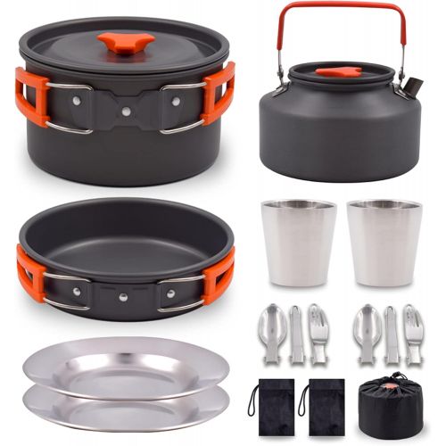  GEERTOP Camping Cookware Kit Lightweight Nonstick Pots and Pans Cooking Set with Stainless Steel Utensils Cups Plates Forks Knives Spoons for Outdoor Backpacking Hiking Travel