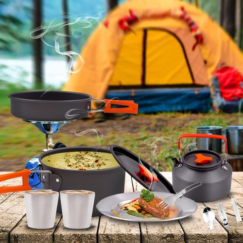  GEERTOP Camping Cookware Kit Lightweight Nonstick Pots and Pans Cooking Set with Stainless Steel Utensils Cups Plates Forks Knives Spoons for Outdoor Backpacking Hiking Travel