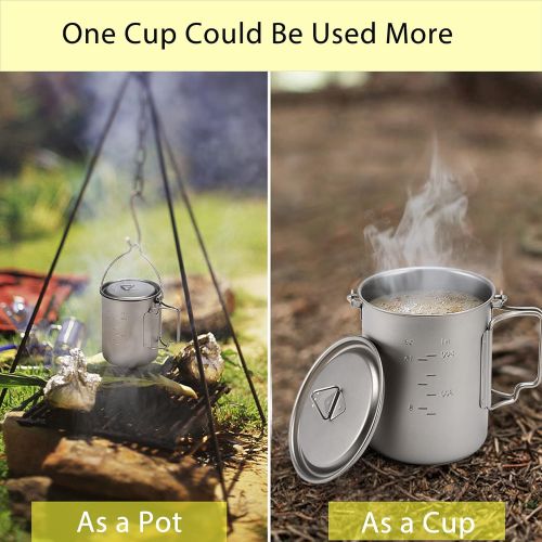 GEERTOP Portable 750ml Titanium Mug Cup Backpacking Ultralight Titanium Cookware Pot with Lid for Outdoor Camping Hiking Hunting 25 Fl Oz