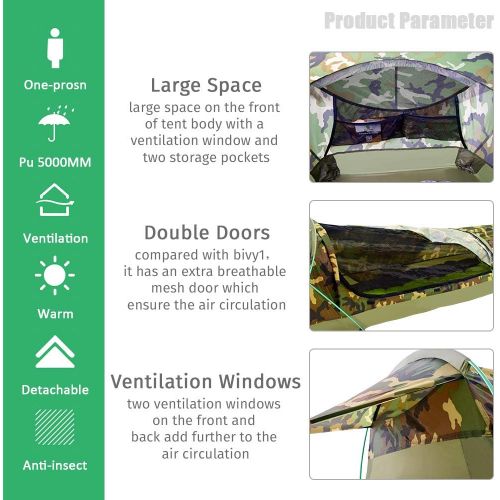  GEERTOP Ultralight Single Person Bivy Tent for Camp Waterproof 1 Man Tent for Camping Hiking Backpacking Hunting Outdoor Survival Gear - Easy Set Up