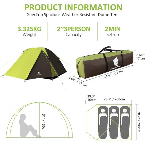  GEERTOP 2/3 Person Camping Tent,Waterproof Backpacking Family Tent with Vestibule Area Easy Set up with Top Rainfly for Hiking Mountaineering Picnic Gathering