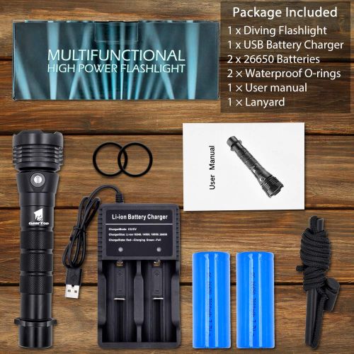  GEERTOP Scuba Dive Lights 2000 Lumen Underwater Diving Flashlight Waterproof with Wrist Strap Rechargeable Safety Torch CREE XHP-50 LED Submarine Lights with 26650 Batteries & USB