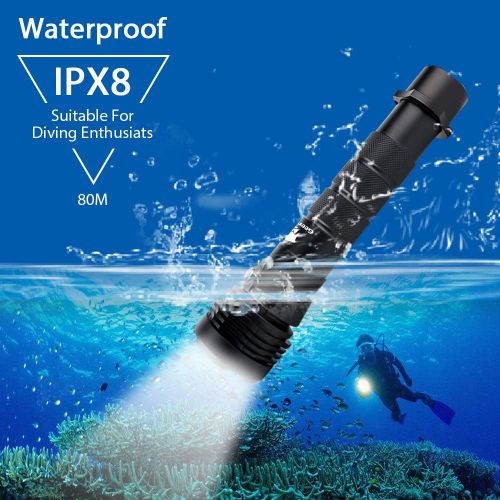  GEERTOP Scuba Dive Lights 2000 Lumen Underwater Diving Flashlight Waterproof with Wrist Strap Rechargeable Safety Torch CREE XHP-50 LED Submarine Lights with 26650 Batteries & USB