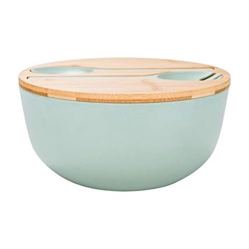  [아마존베스트]GEHE Bamboo Fiber Salad Bowl with Servers Set - Large 9.8 inches mixing bowls Solid Bamboo Salad Wooden Bowl with Bamboo Lid Spoon for Fruits,Salads and Decoration (D 9.8, Blue -green)