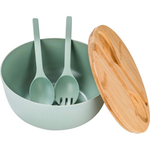  [아마존베스트]GEHE Bamboo Fiber Salad Bowl with Servers Set - Large 9.8 inches mixing bowls Solid Bamboo Salad Wooden Bowl with Bamboo Lid Spoon for Fruits,Salads and Decoration (D 9.8, Blue -green)