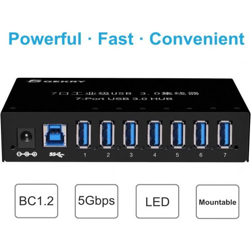  GEKRY USB 3.0 Hub, Metal Case Mountable 7-Port USB Hub with 12V3A Power Adapter and 3.3ft USB 3.0 Cable-Type A