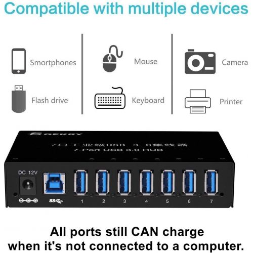  GEKRY USB 3.0 Hub, Metal Case Mountable 7-Port USB Hub with 12V3A Power Adapter and 3.3ft USB 3.0 Cable-Type A