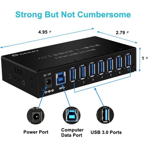  GEKRY USB 3.0 Hub, Metal Case Mountable 7-Port USB Hub with 12V3A Power Adapter and 3.3ft USB 3.0 Cable-Type A