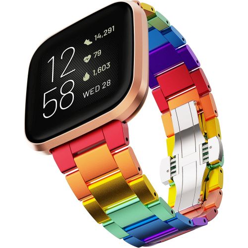  GELISHI Colorful band Compatible with Fitbit Versa/Versa 2 /Versa Lite Bands,Ultra Thin Aluminum Metal Watch Bracelet Quick Release Replacement Wristbands for Women Girls - Rainbow