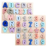 GEMEM Wooden Puzzles for Toddlers, Large Alphabet ABC Upper Case Letter and Number Wood Montessori Learning Board Educational Toys for Boys Girls Set of 2