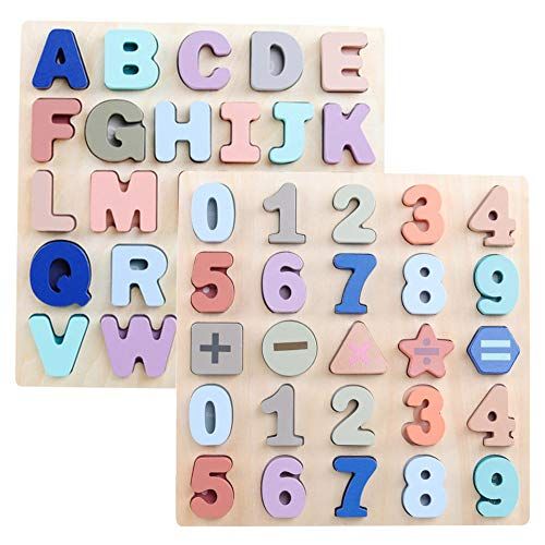  GEMEM Wooden Puzzles for Toddlers, Large Alphabet ABC Upper Case Letter and Number Wood Montessori Learning Board Educational Toys for Boys Girls Set of 2