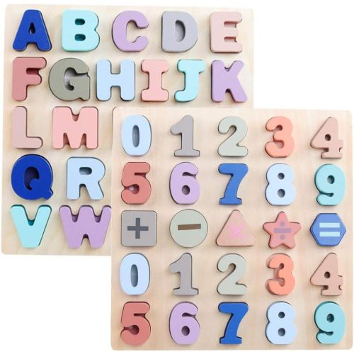  GEMEM Wooden Puzzles for Toddlers, Large Alphabet ABC Upper Case Letter and Number Wood Montessori Learning Board Educational Toys for Boys Girls Set of 2