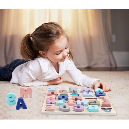  GEMEM Wooden Puzzles for Toddlers, Large Alphabet ABC Upper Case Letter and Number Wood Montessori Learning Board Educational Toys for Boys Girls Set of 2