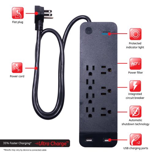 GE Pro 7-Outlet 2-USB Power Strip Surge Protector, 3ft. Cord, 37054